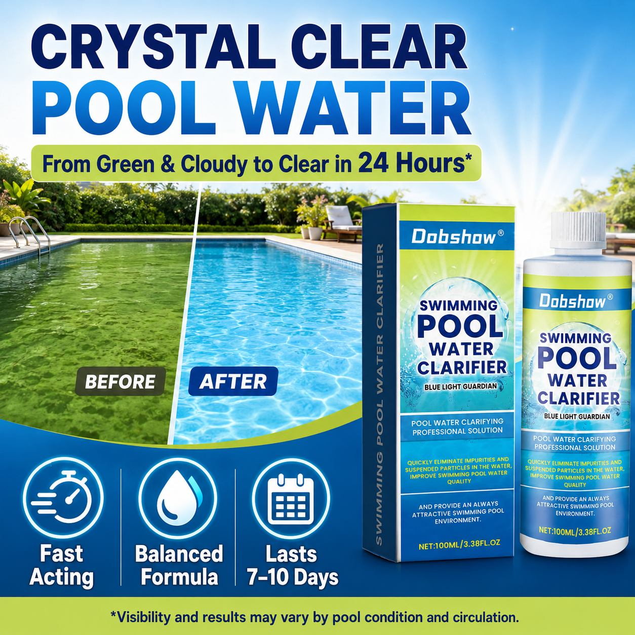 🎉Special limited-time discount🎉Dobshow®  Swimming Pool Water Clarifier-Ultra-concentrated and odor-free: 24-hour rapid algae rescue for long-lasting clarity and crystal-clear water