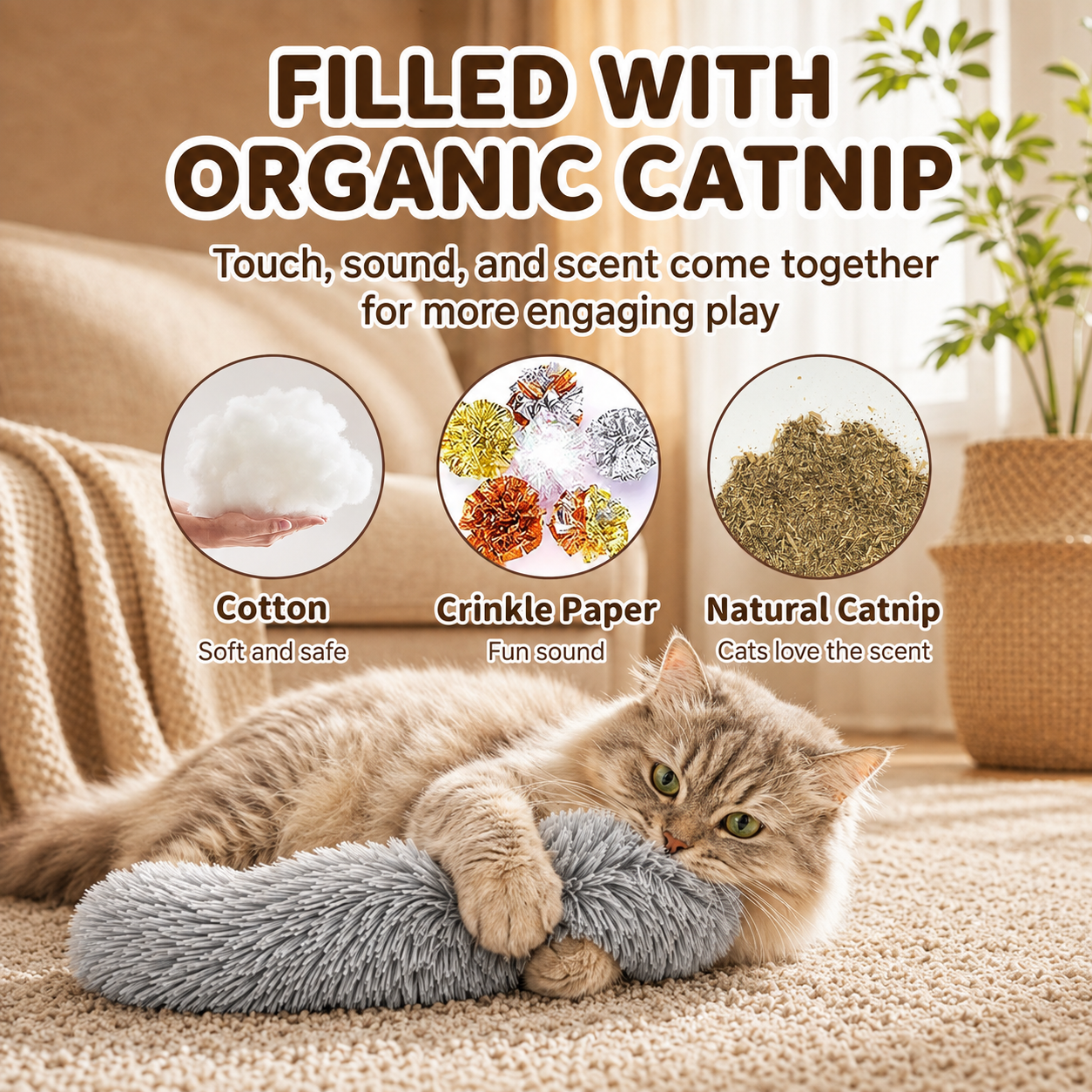 Plush Cat Tail Kicker Toy with Catnip & Crinkle Sound – 23.5 cm