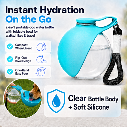 Portable Dog Water Bottle 2-in-1 Pet Travel Dispenser with Transparent Ball Sphere Bowl 10 Oz Soft Silicone Collapsible Walking Container for Small Medium Breeds