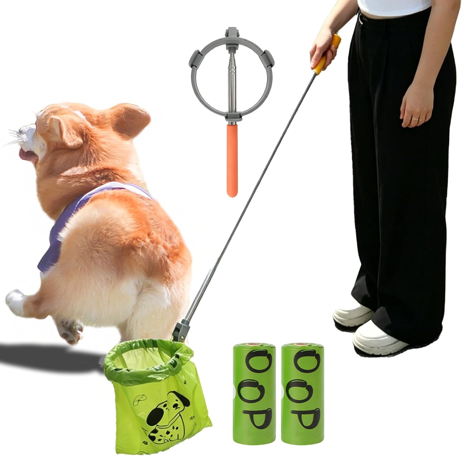 Extendable Dog Pooper Scooper with Poop Bags, No-Touch Waste Picker