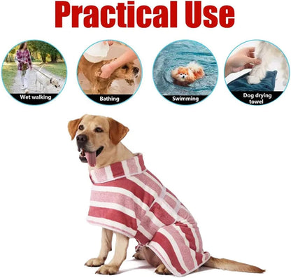 Quick-Drying Dog Bathrobe - Striped Super Absorbent Pet Towel Robe with Adjustable Belly Band,1-Piece Design,Super-Soft Fast-Drying Fabric,for Small Medium Large Dogs Post-Bath Grooming