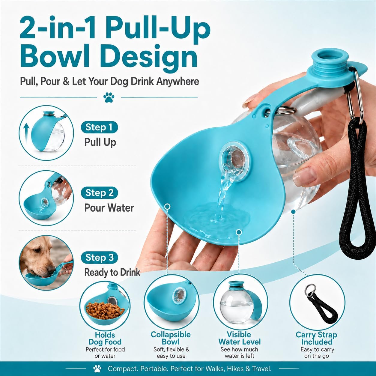 Portable Dog Water Bottle 2-in-1 Pet Travel Dispenser with Transparent Ball Sphere Bowl 10 Oz Soft Silicone Collapsible Walking Container for Small Medium Breeds