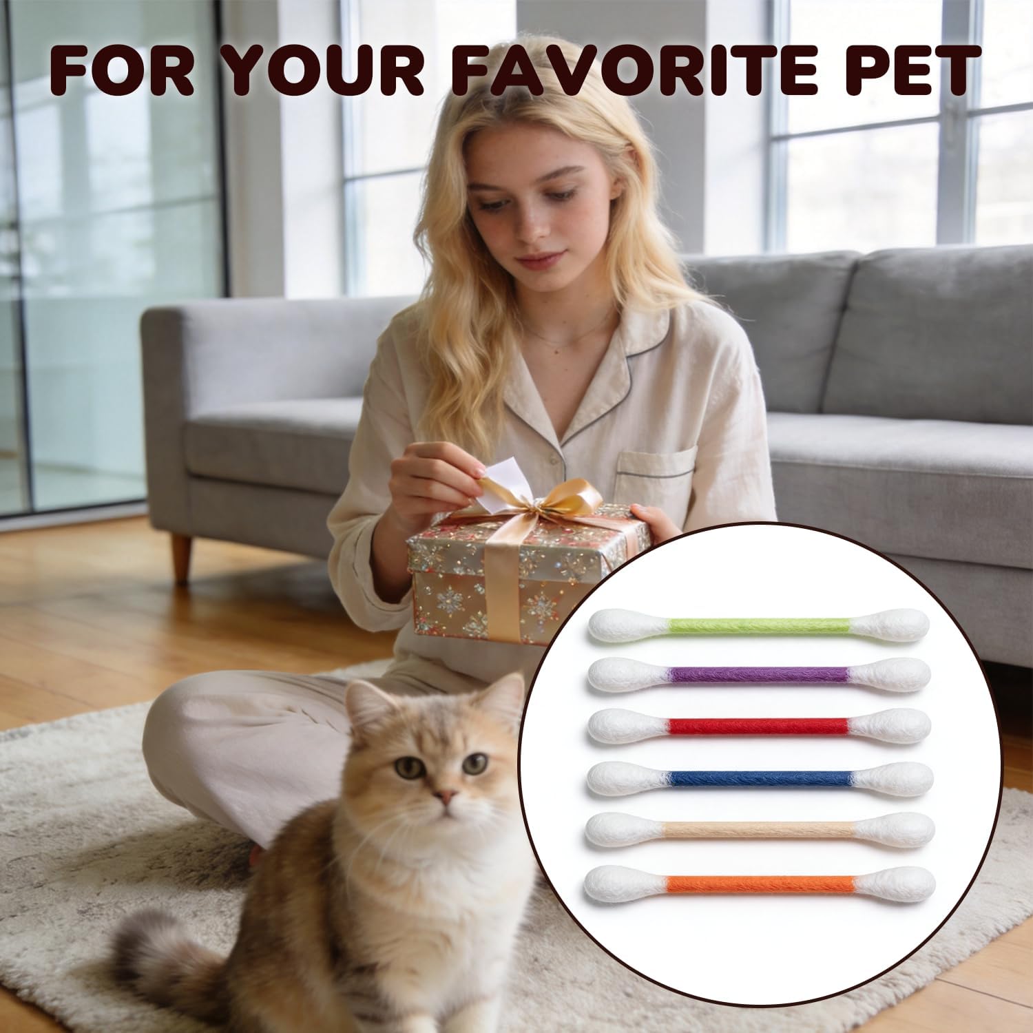 Swabs Cat Toys with Catnip, Giant Qtip Chew Sticks & Teething Ropes for Boredom Relief, Durable Interactive Felt Kitty Kicker Toy for Exercise.
