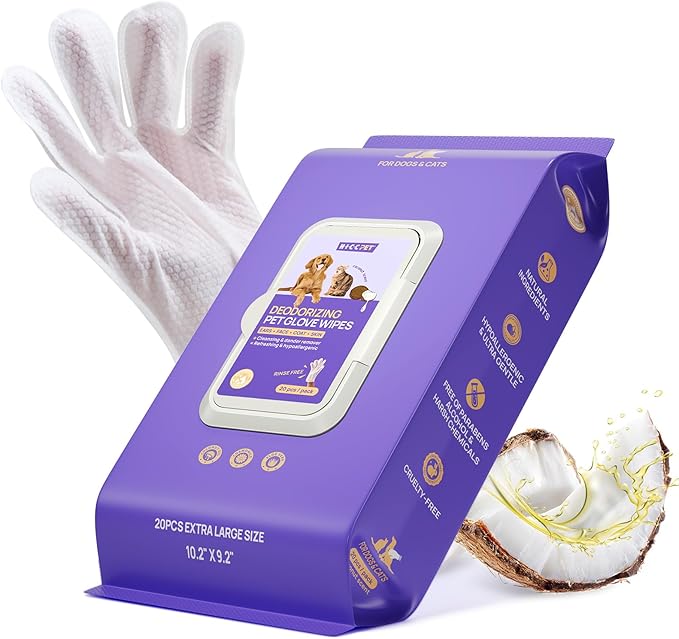 No-Rinse Pet Grooming Gloves — Disposable Wet Wipes for Dogs & Cats (Bathing, Deodorizing, and Cleaning)