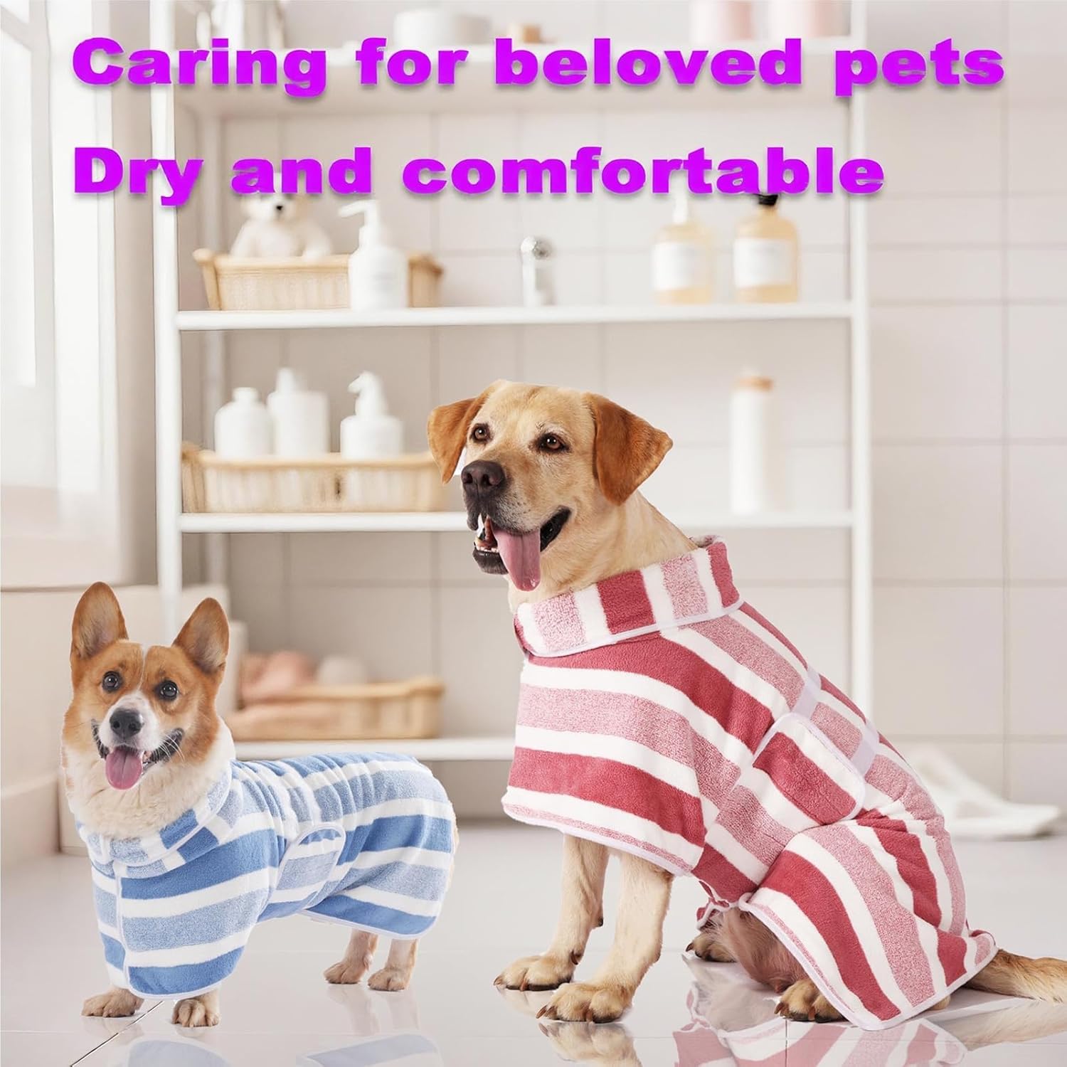 Quick-Drying Dog Bathrobe - Striped Super Absorbent Pet Towel Robe with Adjustable Belly Band,1-Piece Design,Super-Soft Fast-Drying Fabric,for Small Medium Large Dogs Post-Bath Grooming