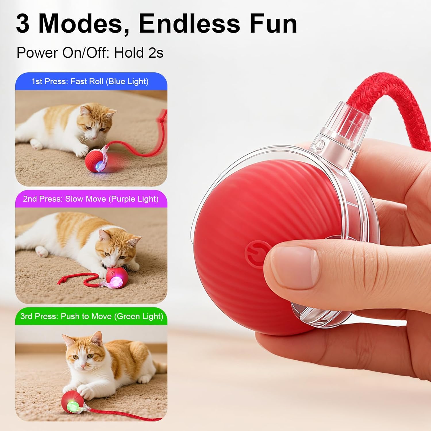 Smart Interactive Automatic Electric Rolling Moving Rechargeable Motion Activated Self Play Electronic Stimulation Chase Teaser Ball Toy with Rope for Indoor Bored Adult Cat and Dog