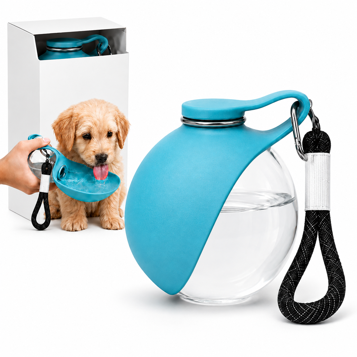 Portable Dog Water Bottle 2-in-1 Pet Travel Dispenser with Transparent Ball Sphere Bowl 10 Oz Soft Silicone Collapsible Walking Container for Small Medium Breeds