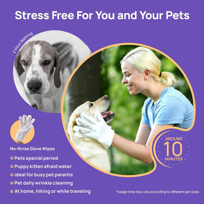 No-Rinse Pet Grooming Gloves — Disposable Wet Wipes for Dogs & Cats (Bathing, Deodorizing, and Cleaning)