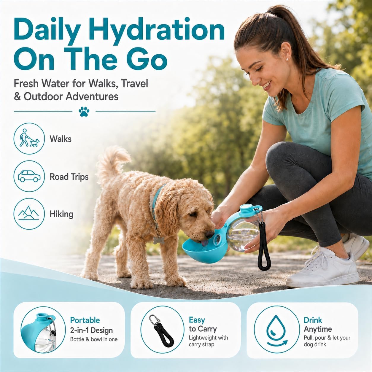 Portable Dog Water Bottle 2-in-1 Pet Travel Dispenser with Transparent Ball Sphere Bowl 10 Oz Soft Silicone Collapsible Walking Container for Small Medium Breeds