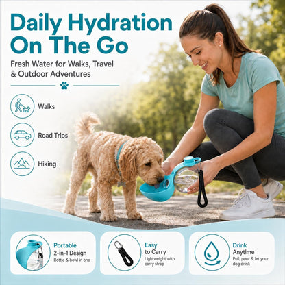 Portable Dog Water Bottle 2-in-1 Pet Travel Dispenser with Transparent Ball Sphere Bowl 10 Oz Soft Silicone Collapsible Walking Container for Small Medium Breeds