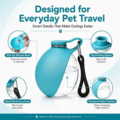 Portable Dog Water Bottle 2-in-1 Pet Travel Dispenser with Transparent Ball Sphere Bowl 10 Oz Soft Silicone Collapsible Walking Container for Small Medium Breeds