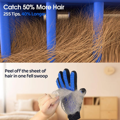 Pet Hair Removal Glove with 255 Silicone Tips for Dogs & Cats, Right Blue | 2-in-1 Deshedding & Massage Mitt, 5-Finger Flexible Design, for Bathing & Grooming, Safe for Long/Short/Curly Hair Pets