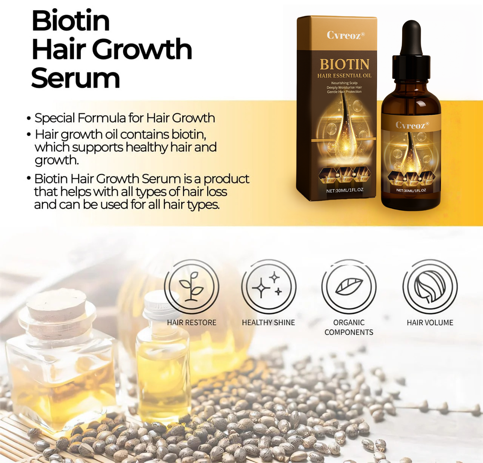 🔥 Grow Your Glow: 60% OFF 🔥 Cvreoz® Biotin Hair Essential Oil!